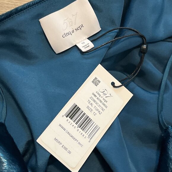 Cinq a Sept Shiny Astrid Mini Dress SZ 12 Teal Topaz Ruched Side Zip Adjustable - Picture 8 of 11